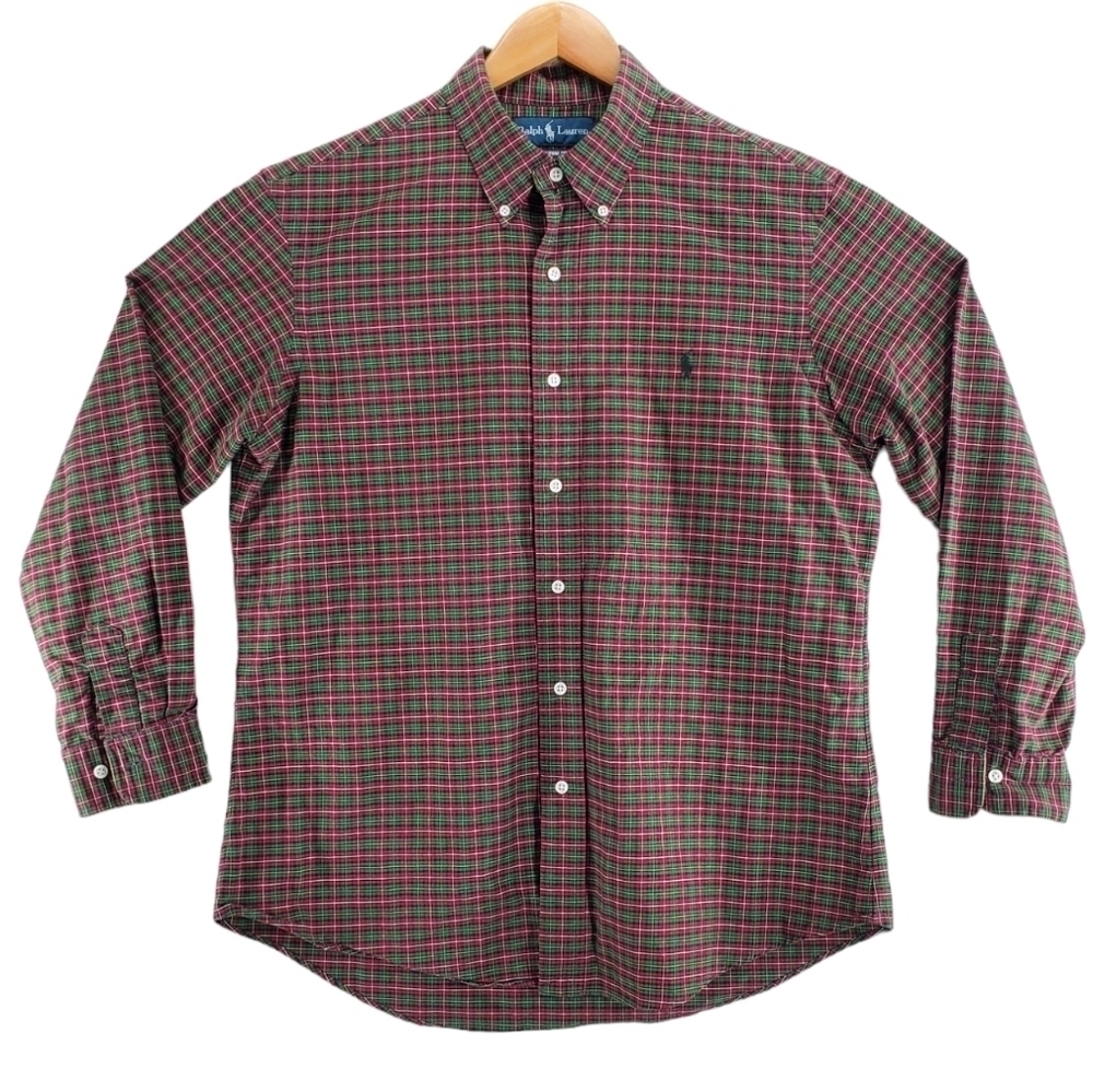 Ralph Lauren Shirt Men L Green Red Tartan Scottish Plaid Custom Fit Button Down